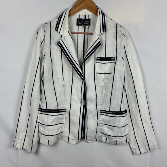 AJ Armani Jeans Women Linen LongSleeve Blazer Sz 12 Made in Italy Classic Preppy - Picture 2 of 14